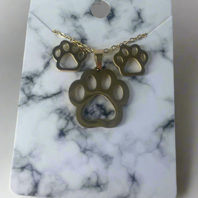 Gold Paw Print Necklace and Earring Set